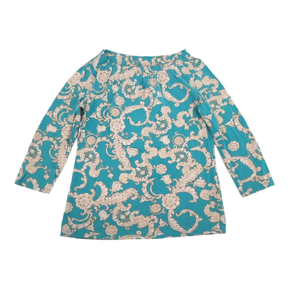 Talbots Paisley Print Off or On the Shoulder Top Small Teal Blue Cream Blouse S